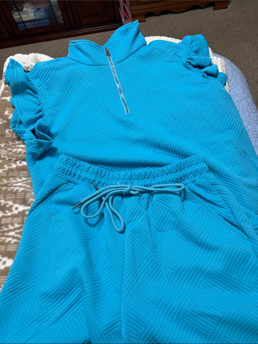 Bright Blue Short-Sleeve Zip-Neck Lounge Set